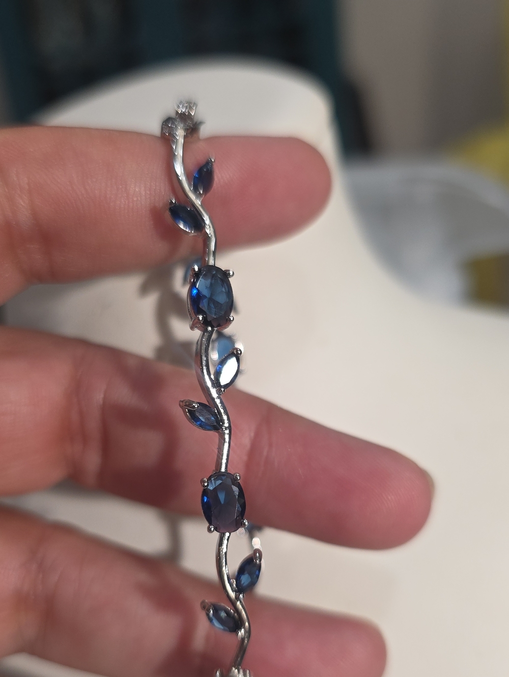 18k Brass Plated Silver Waterproof Blue Sapphire Leaf Link Bracelet